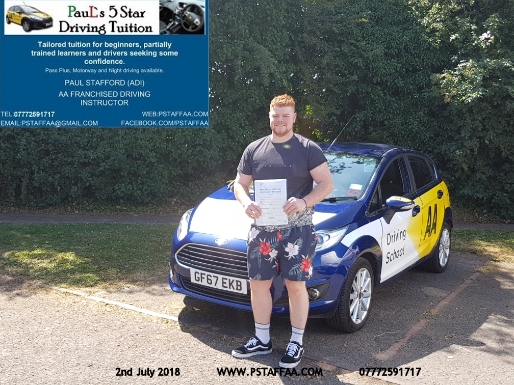 Jake Bramley Ledbury first time driving test pass in hereford witrh Paul's 5 Star driving Tuition